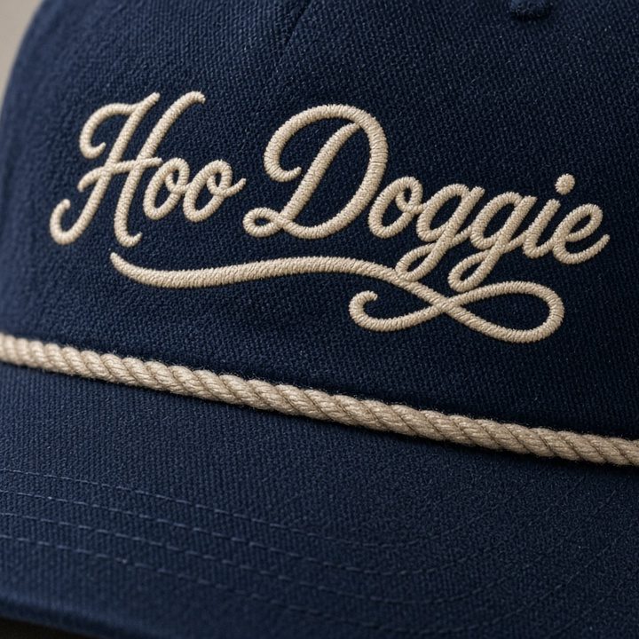 Navy rope cap embroidered with the Hoo Doggie script