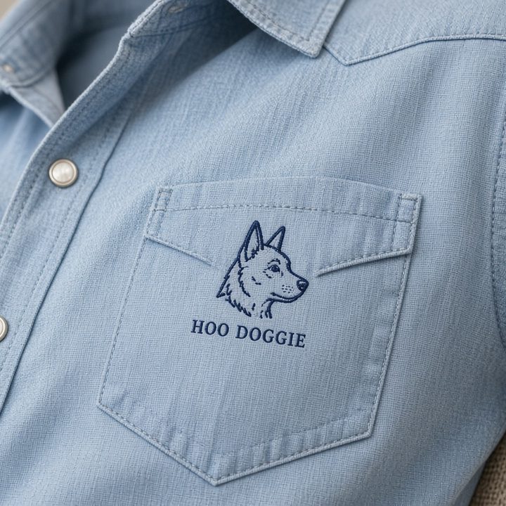 Chambray pearl-snap shirt with a heeler crest on the pocket