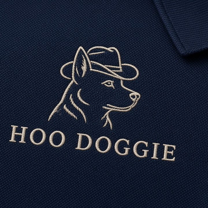 Navy polo with a heeler wearing a cowboy hat