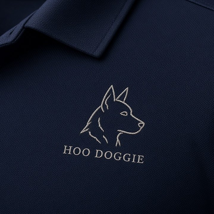 Navy polo with a fine-line silver heeler crest