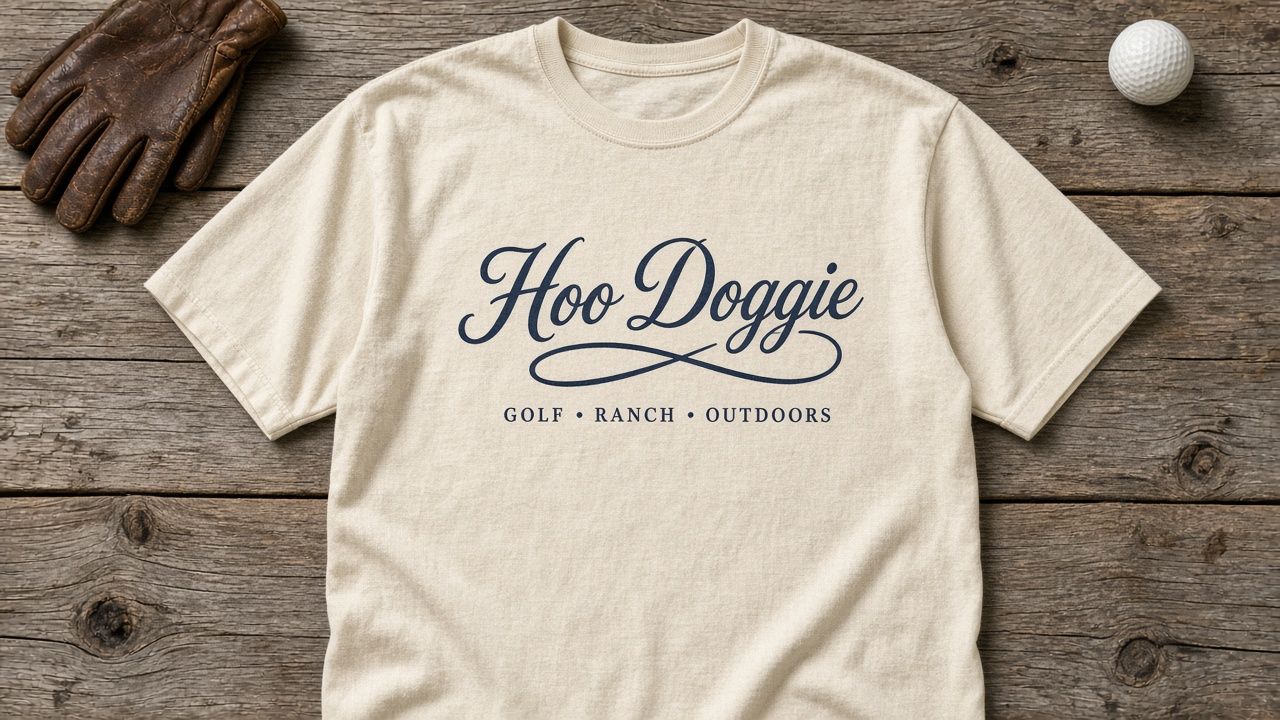 Hoo Doggie script tee on a weathered wood table beside leather work gloves and a golf ball